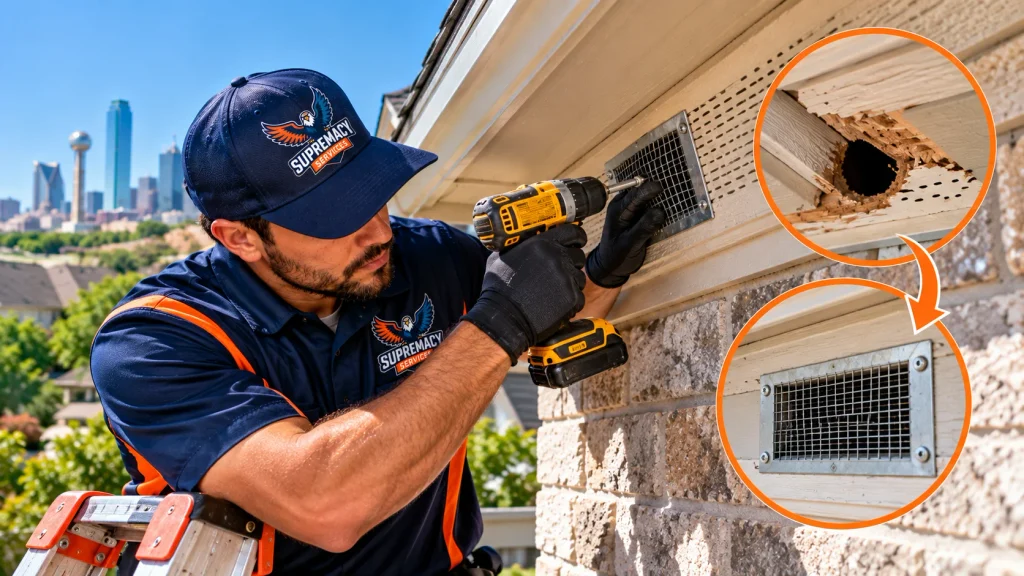 Supremacy Services technician securing a rodent entry point with metal mesh on a North Texas home