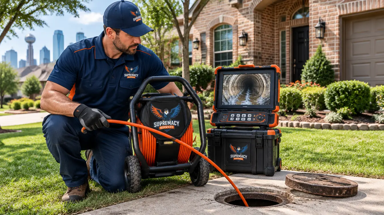 Professional plumber performing a sewer camera inspection outside a Dallas, TX home using specialized pipe inspection equipment.