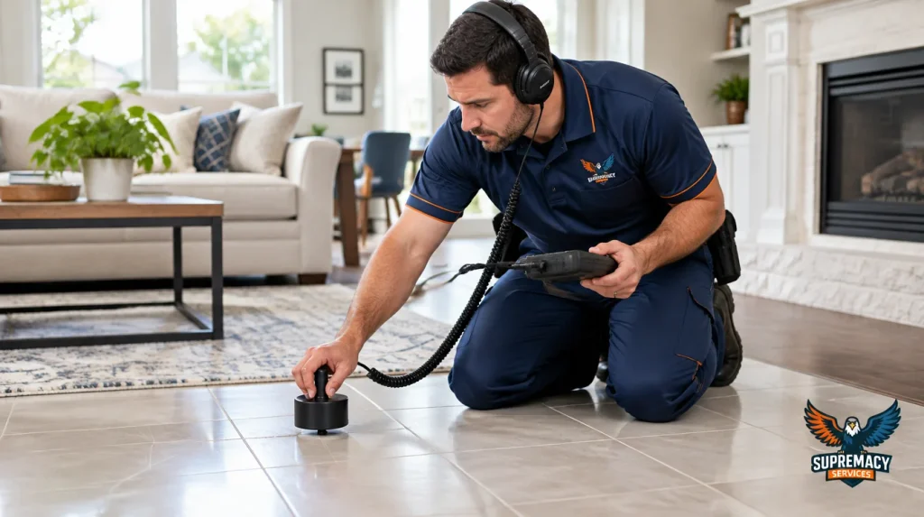 Plumbing technician using acoustic leak detection equipment on a tile floor to locate a possible slab leak in a Dallas home.