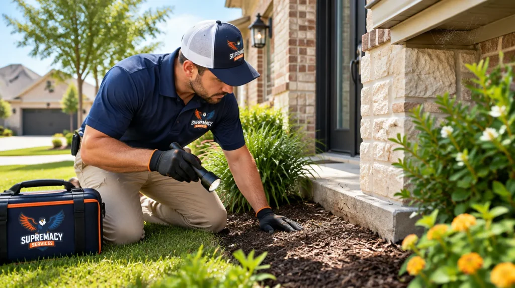 Supremacy Services pest control technician inspecting the exterior perimeter of a North Texas home