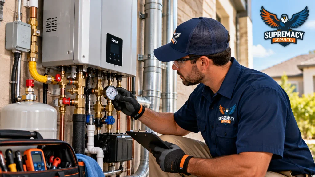 Supremacy Services technician inspecting water flow, gas supply, valves and venting on a residential tankless water heater