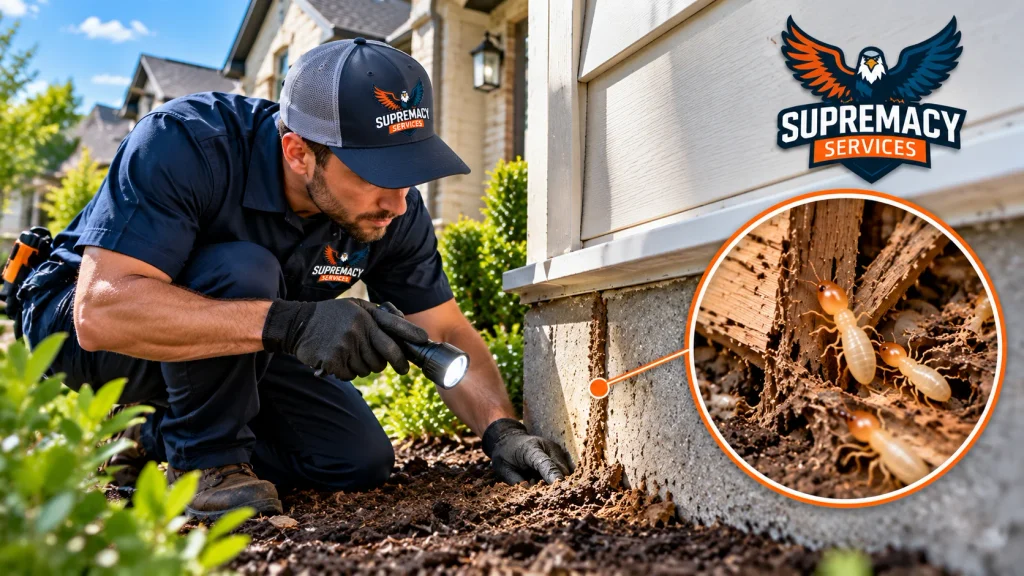 Pest control technician inspecting a Dallas home foundation and wood framing for signs of termites