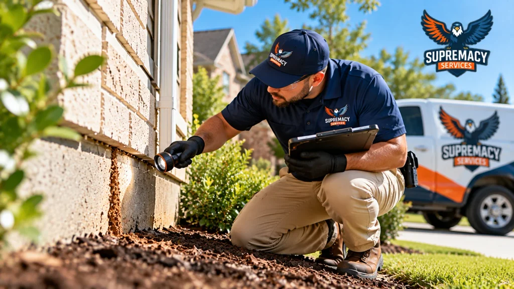 Termite technician examining a home foundation and documenting suspected termite activity during an inspection.