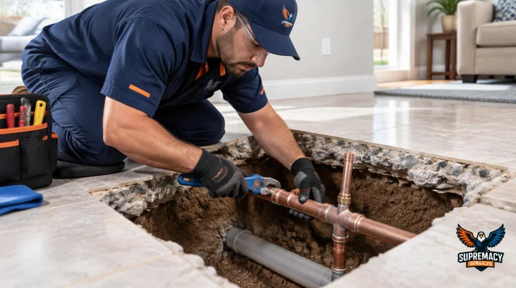 Professional plumber repairing an exposed copper water pipe through a localized opening in a residential concrete slab floor.