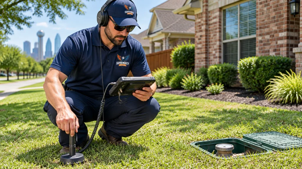 Plumbing technician using electronic leak detection equipment to locate an underground residential water line leak in Dallas.