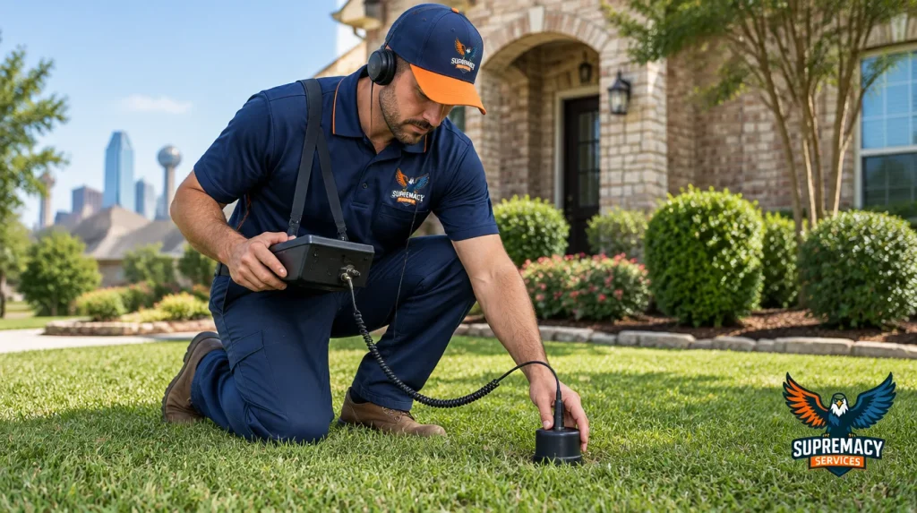 Plumbing technician using acoustic leak detection equipment to investigate a suspected underground water line leak outside a Dallas home.