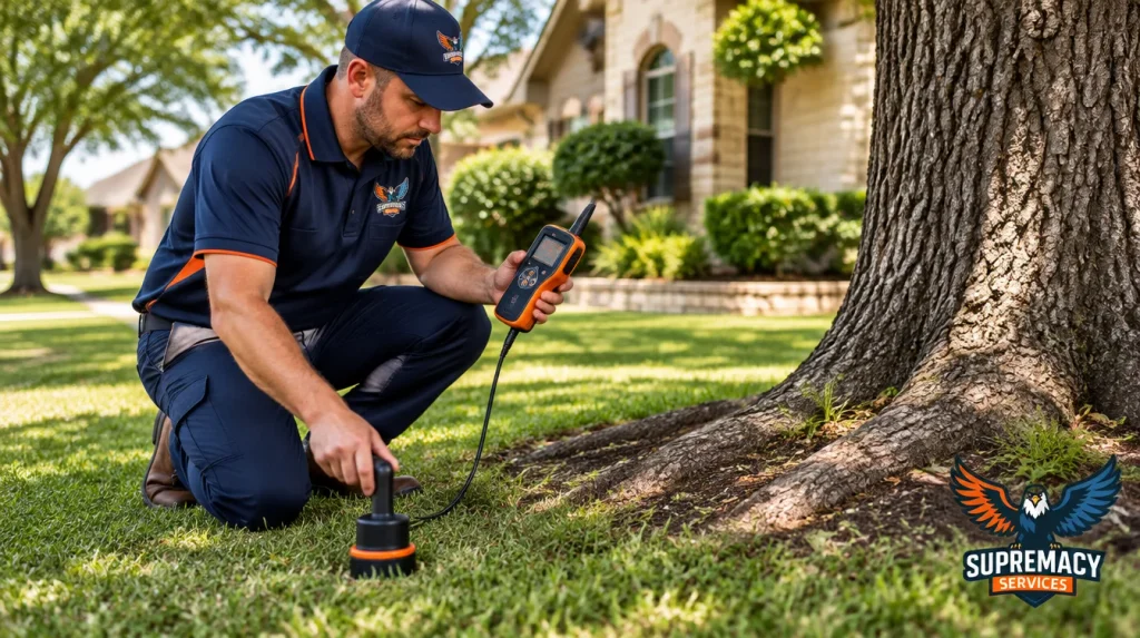 Plumbing technician using acoustic leak detection equipment to investigate a suspected underground water line leak in a Dallas yard.