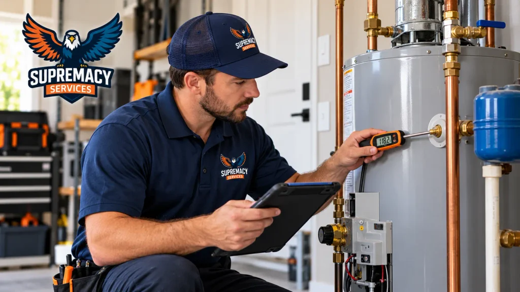 Supremacy Services plumber testing a residential water heater during a professional diagnostic