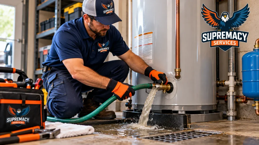 Plumber draining sediment-filled water from a residential tank water heater during professional maintenance