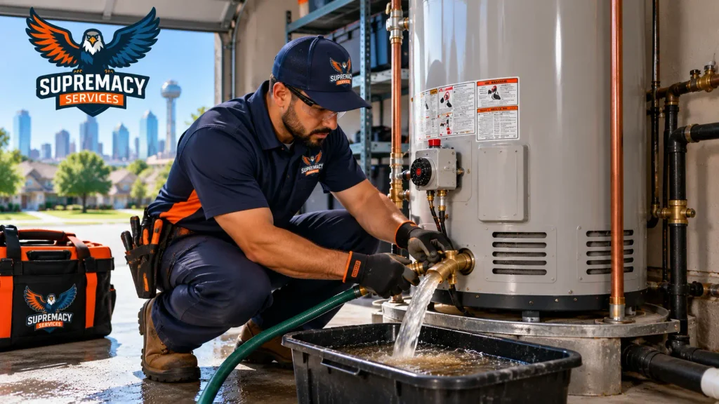 Supremacy Services technician flushing sediment from a residential tank water heater in a Dallas-area home