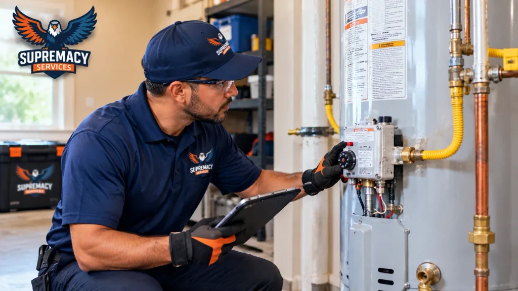 Supremacy Services technician inspecting water heater controls and plumbing connections