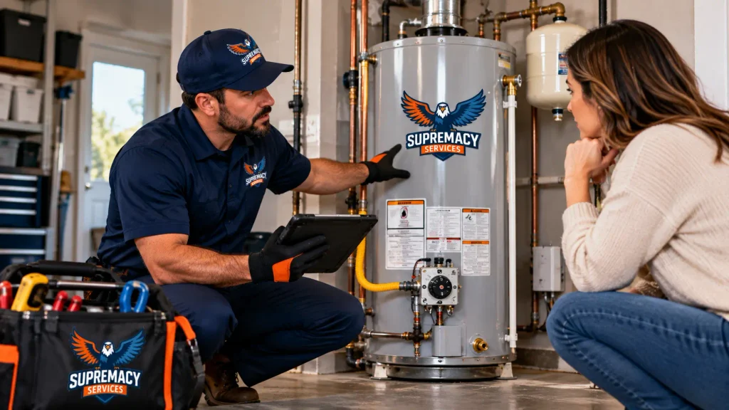 Supremacy Services technician explaining water heater repair and replacement options to a homeowner