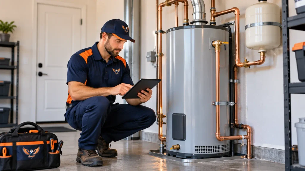 Supremacy Services technician performing a final inspection on a newly installed residential water heater