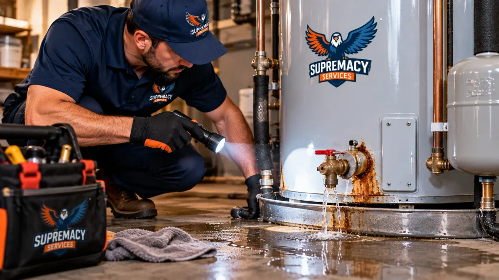 Supremacy Services plumber inspecting a leaking and corroded residential water heater