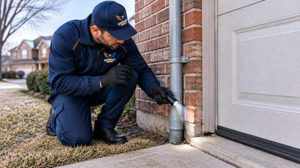 Supremacy Services technician inspecting utility openings and garage door seals for pest entry points at a Dallas home.