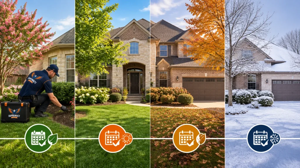 Four seasonal pest control service checkpoints shown throughout the year at a North Texas home.