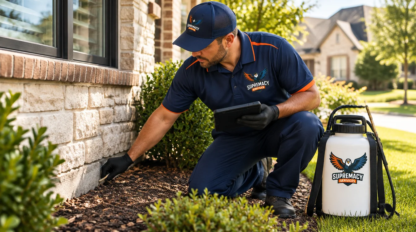 Supremacy Services pest control technician inspecting the exterior of a North Texas home for recurring pest activity