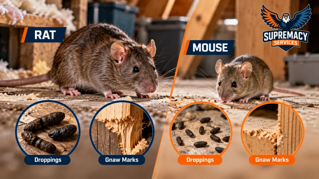 Rat and mouse comparison showing differences in size, droppings and gnaw marks