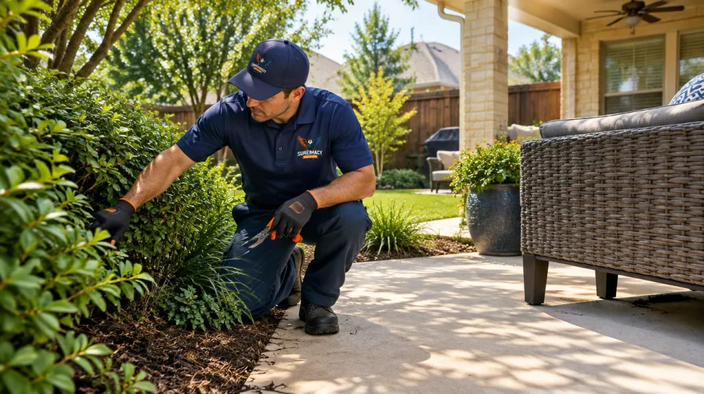 Supremacy Services technician inspecting dense backyard vegetation where mosquitoes may rest