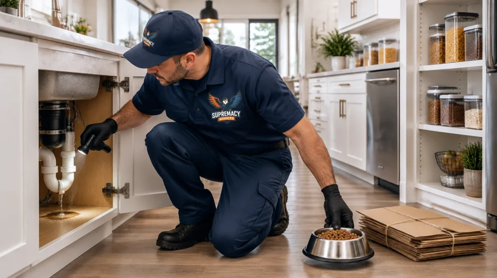 Pest control technician inspecting beneath a kitchen sink for moisture and conditions that can support pest activity