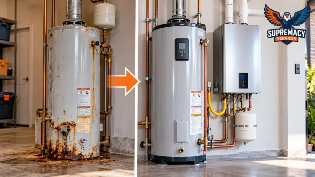 Old corroded water heater compared with modern tank and tankless replacement systems