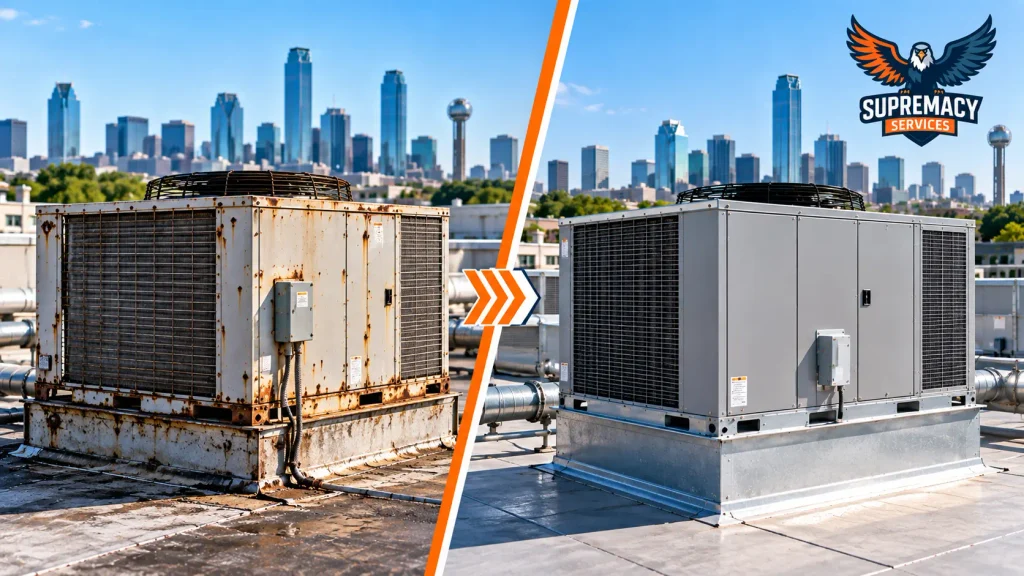 Aging rusted rooftop HVAC unit compared with a modern commercial replacement unit