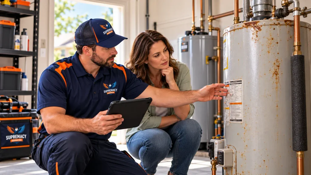 Dallas homeowner reviewing water heater repair and replacement options with a Supremacy Services technician