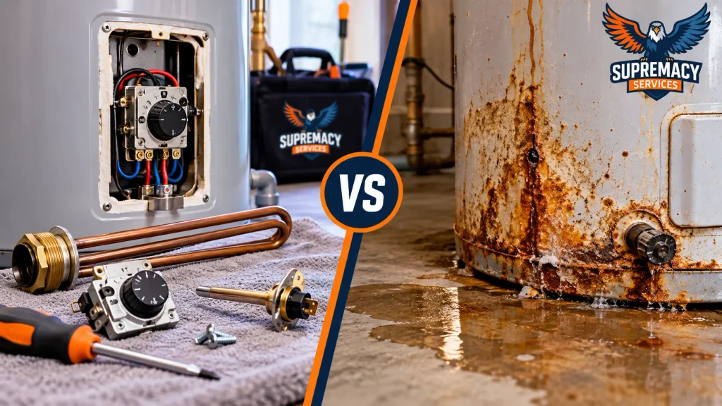 Comparison of repairable water heater components and a severely corroded leaking storage tank