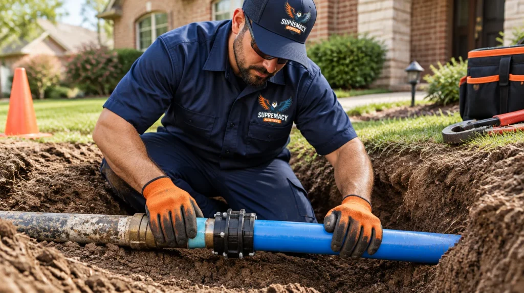 Professional plumber replacing a damaged section of underground residential water supply pipe in an excavated trench in Dallas, Texas.