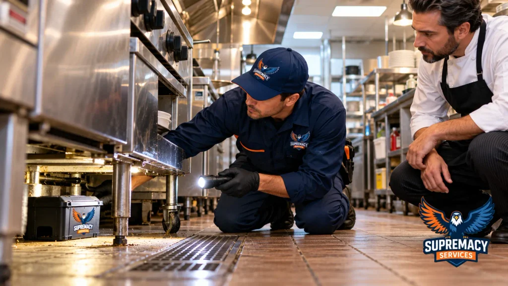 Supremacy Services technician inspecting beneath commercial kitchen equipment for pest activity in a Dallas restaurant