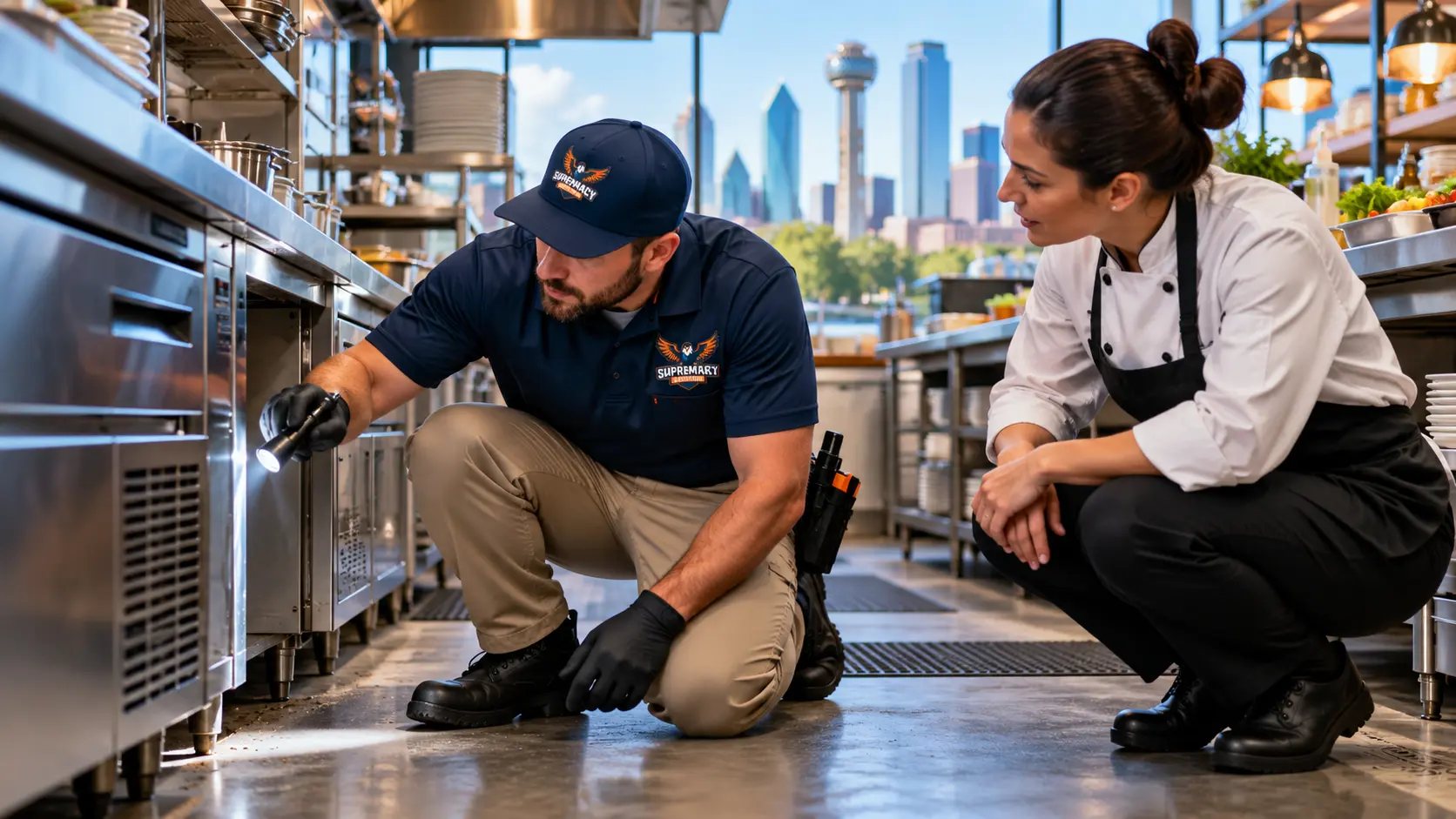 Supremacy Services technician inspecting a commercial restaurant kitchen for pest activity in Dallas
