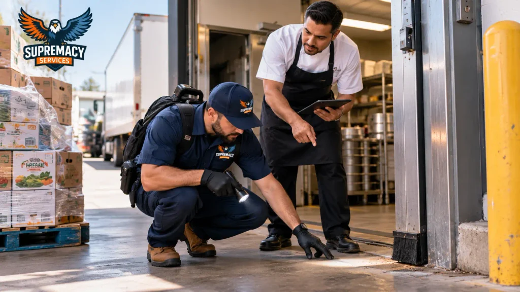 Pest-control technician inspecting a restaurant receiving door and food deliveries for pest entry risks