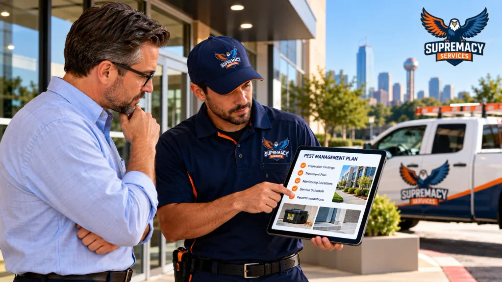 Facility manager reviewing a commercial pest-control inspection report with a Supremacy Services technician