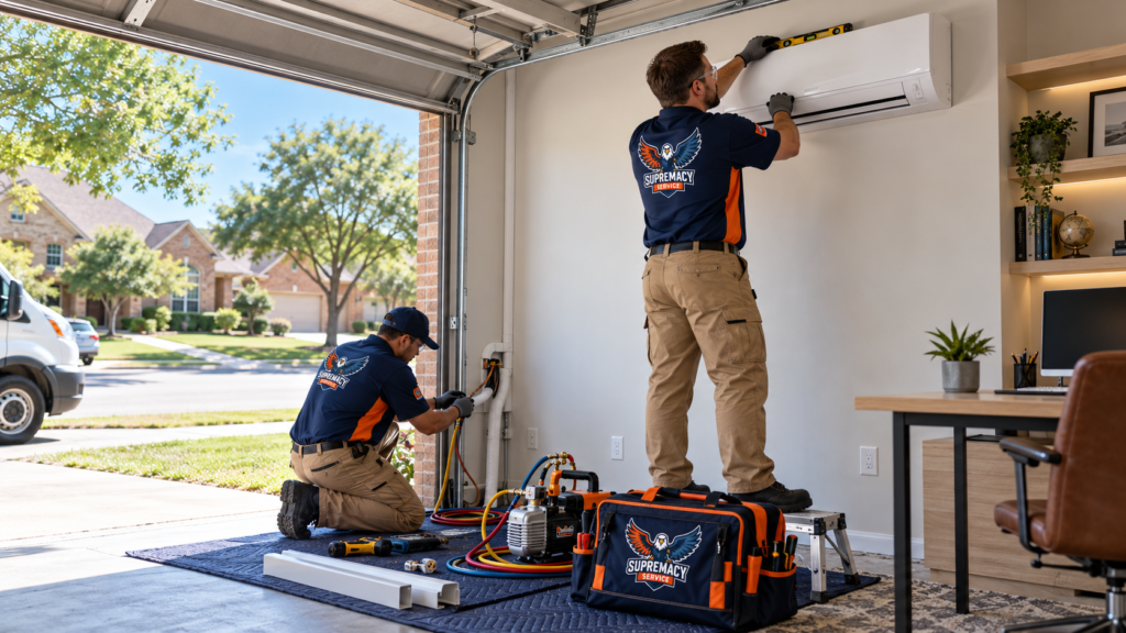 Richardson, Texas HVAC image with a converted-garage home office, ductless mini-split installation, branded Supremacy technicians