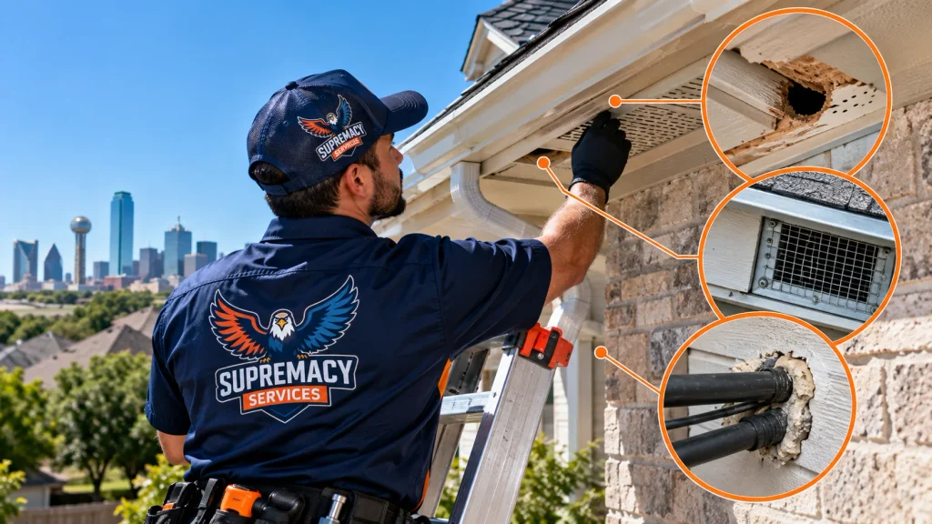 Supremacy Services technician inspecting soffits, vents and utility openings for rodent entry points