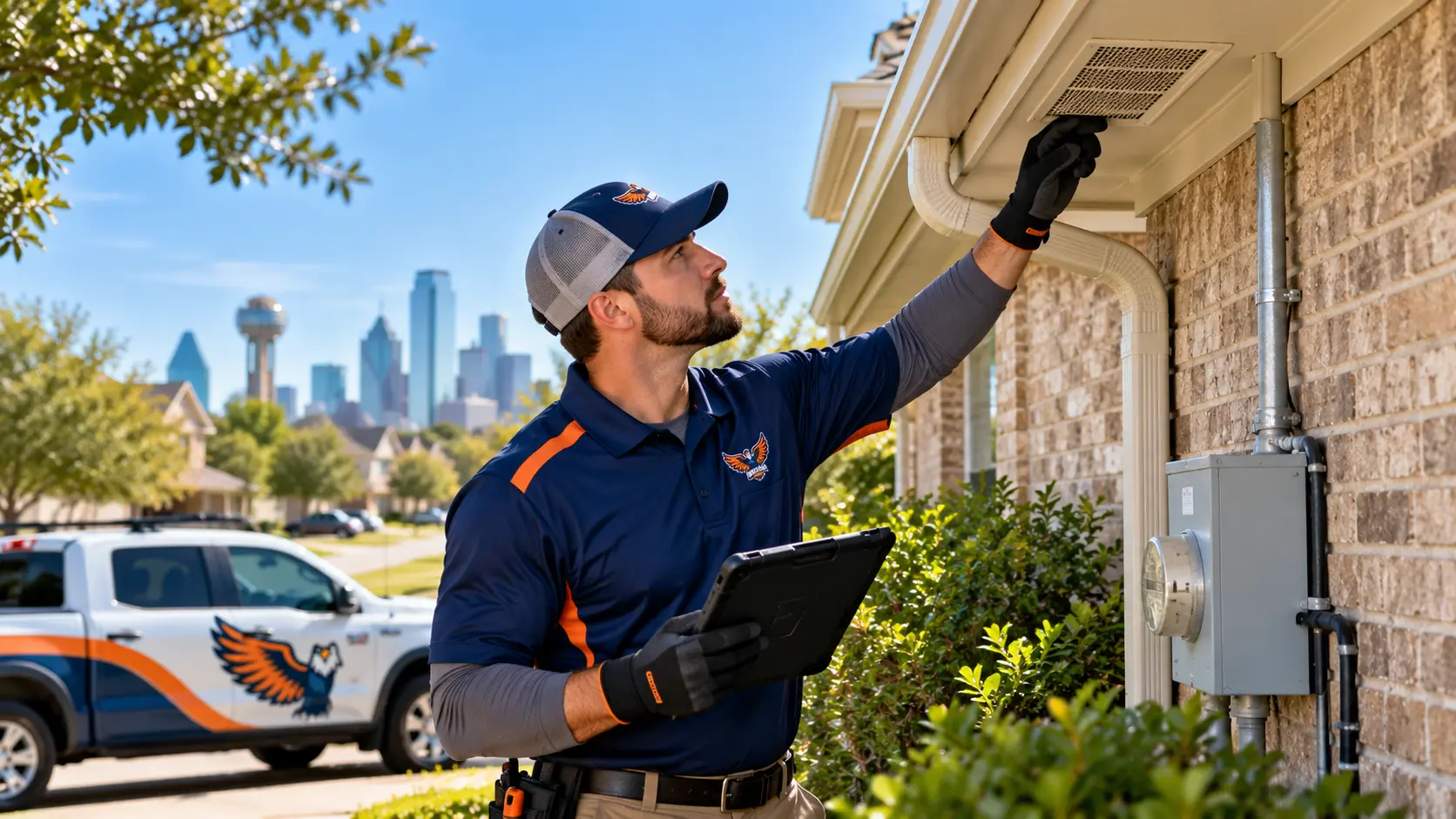 Supremacy Services technician inspecting a Dallas home exterior for possible rat and mouse entry points