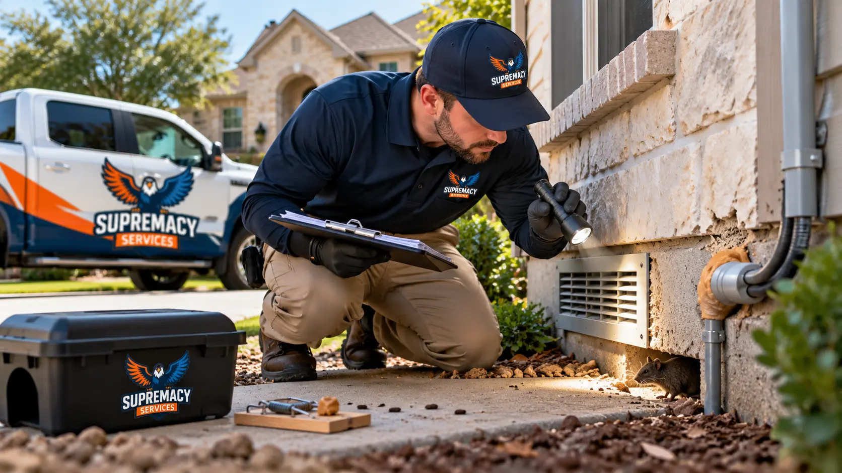 Supremacy Services technician inspecting a Dallas-area home for rodent activity and possible entry points