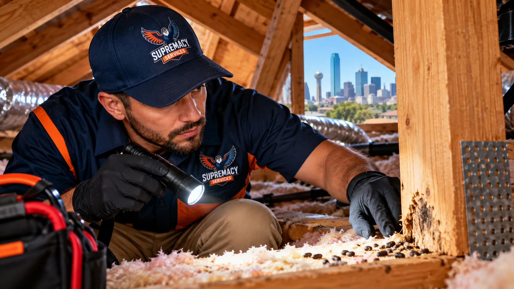 Supremacy Services technician inspecting a North Texas attic for signs of rats and mice