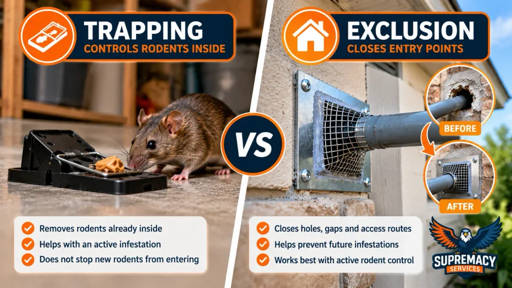 Comparison showing rodent trapping for active rats and mice versus exclusion that closes entry points