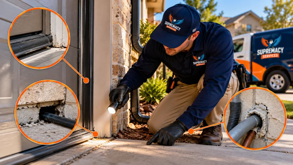 Supremacy Services technician inspecting door seals, foundation gaps and utility penetrations for pest entry points