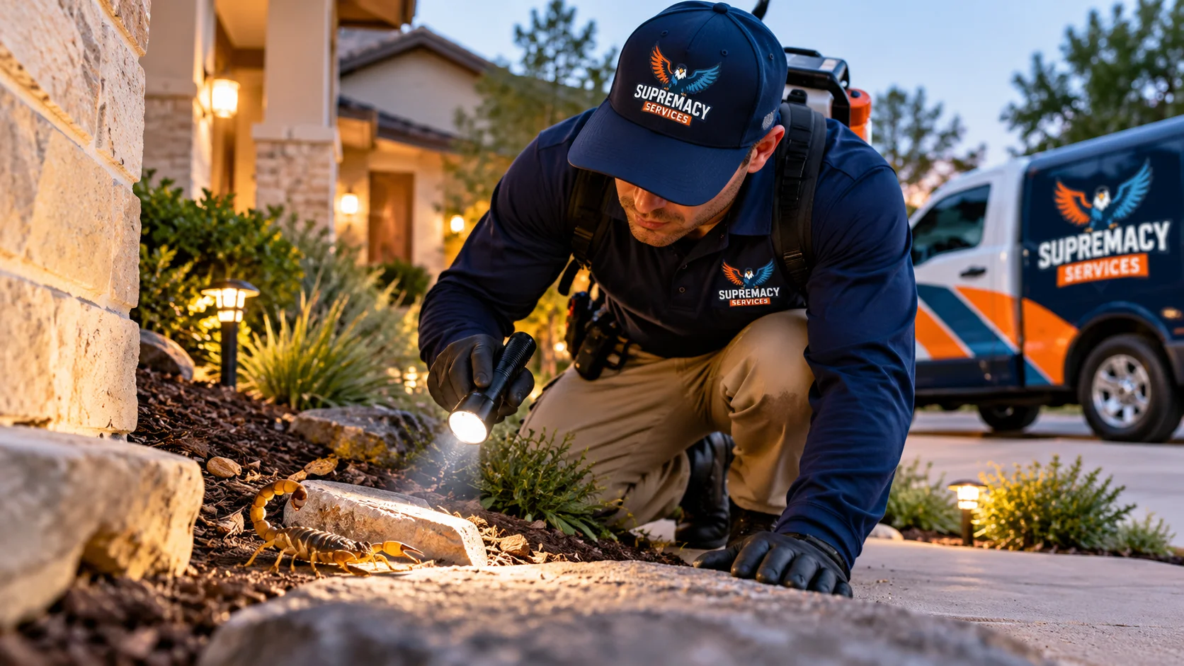 Supremacy Services technician inspecting landscaping around a North Texas home for scorpion activity