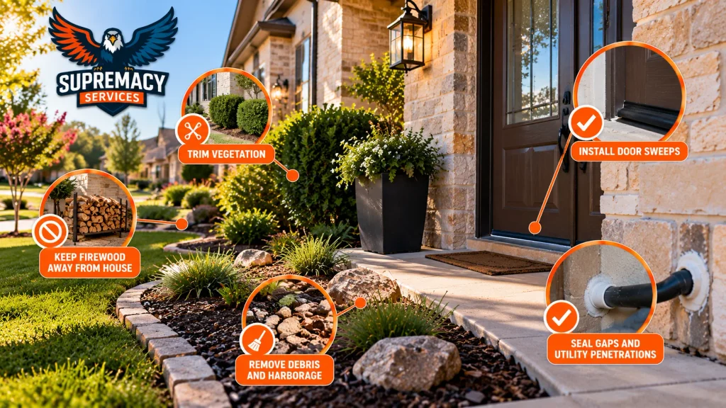 Home exterior showing trimmed vegetation, relocated firewood, reduced debris, door sweeps and sealed exterior gaps