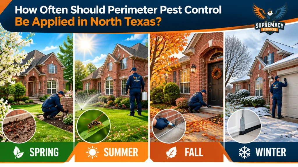 Four-season illustration showing spring, summer, fall and winter pest prevention considerations for North Texas homes.