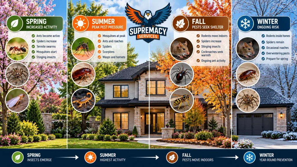 Illustration of seasonal pest activity around a North Texas home during spring, summer, fall and winter
