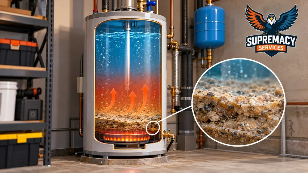 Cutaway illustration showing mineral sediment collecting at the bottom of a tank water heater