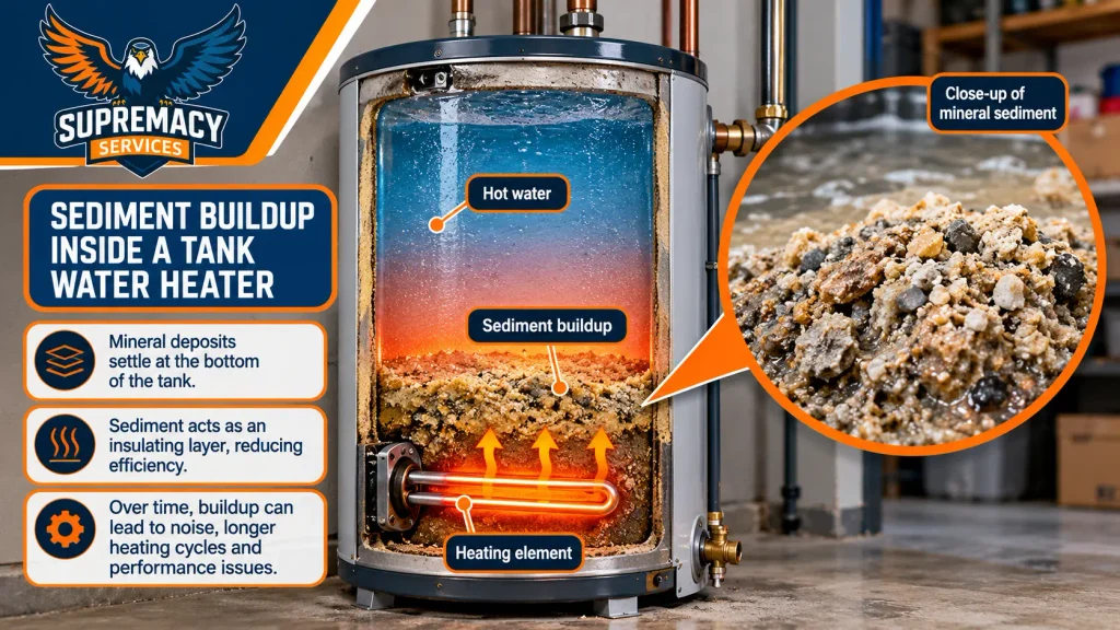 Cutaway of a tank water heater showing mineral sediment collecting near the heating area