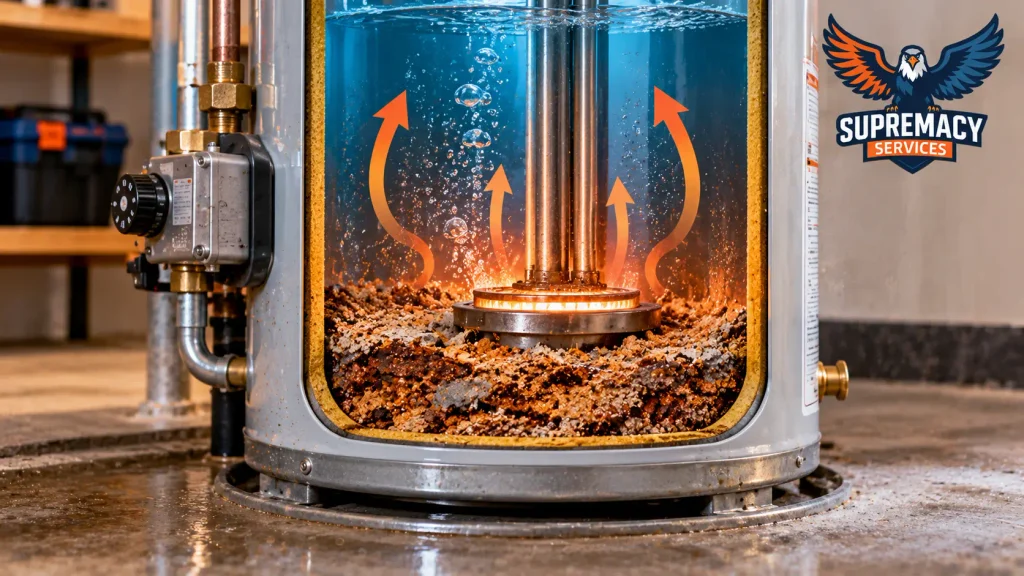 Cutaway view of sediment buildup at the bottom of a tank water heater causing heating problems