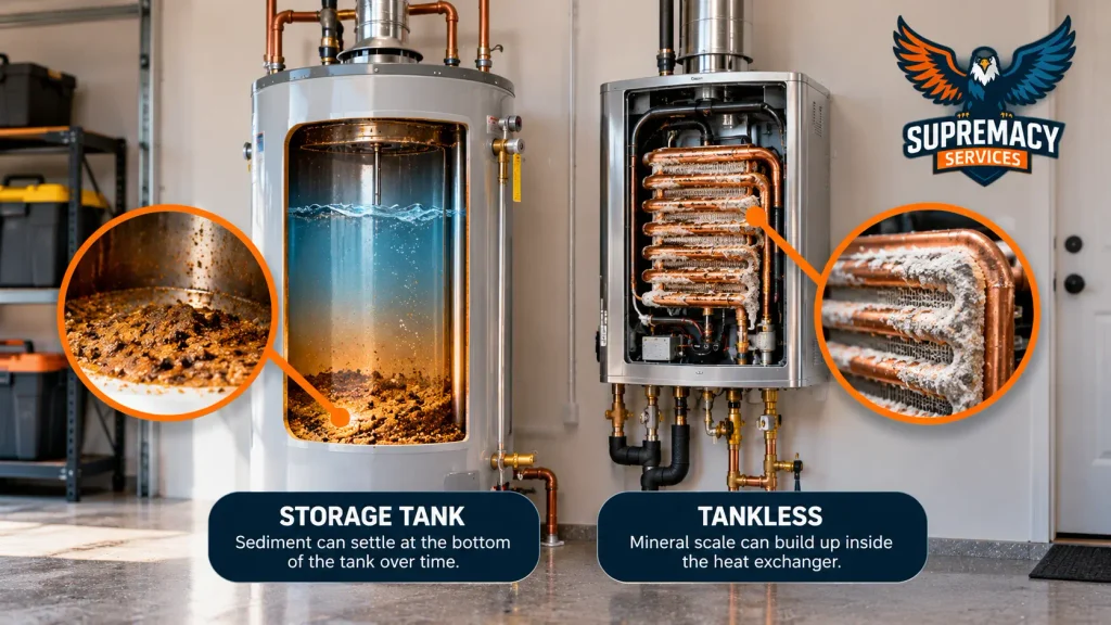 Cutaway view showing sediment in a storage water heater and mineral scale in a tankless heat exchanger