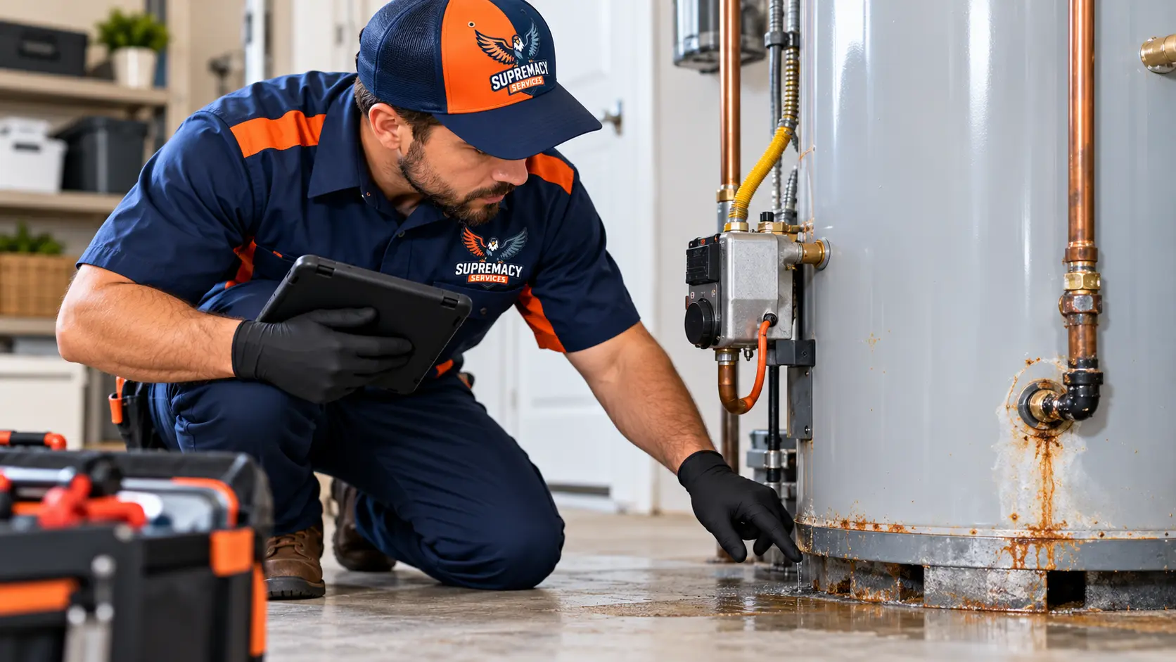 Supremacy Services technician inspecting a rusty residential water heater for signs of failure