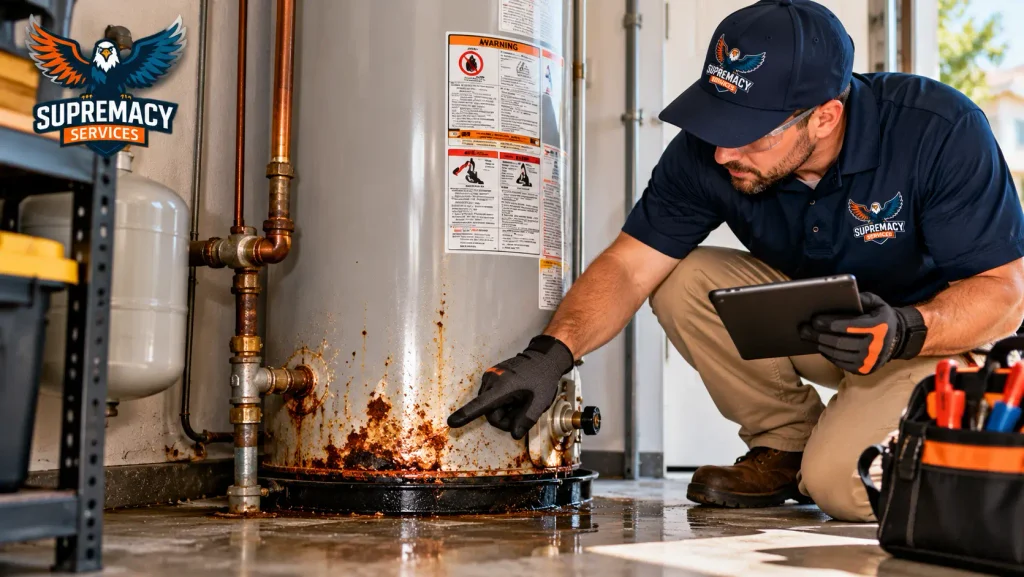 Supremacy Services plumber inspecting corrosion and moisture around an older water heater